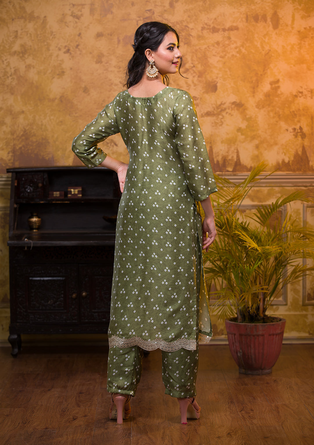 Mehendi Bandhani Semi Crepe Readymade Salwar Kameez-Koskii