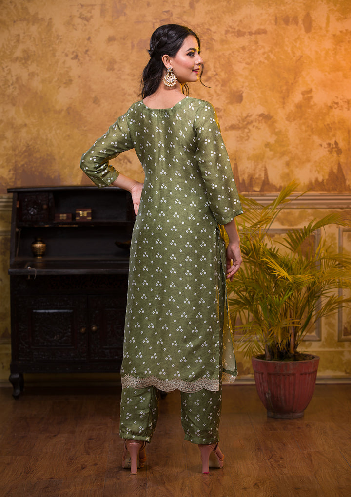 Mehendi Bandhani Semi Crepe Readymade Salwar Kameez-Koskii