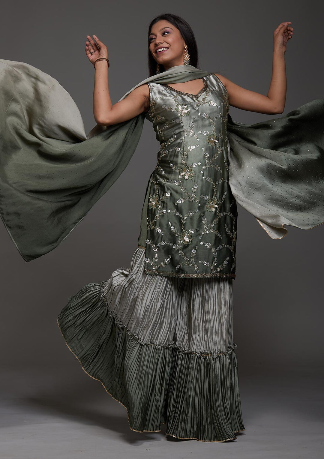 Mehendi Sequins Satin Designer Salwar Suit-Koskii