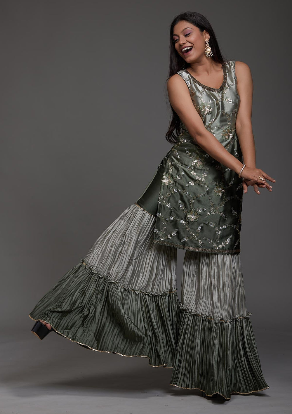 Mehendi Sequins Satin Designer Salwar Suit-Koskii