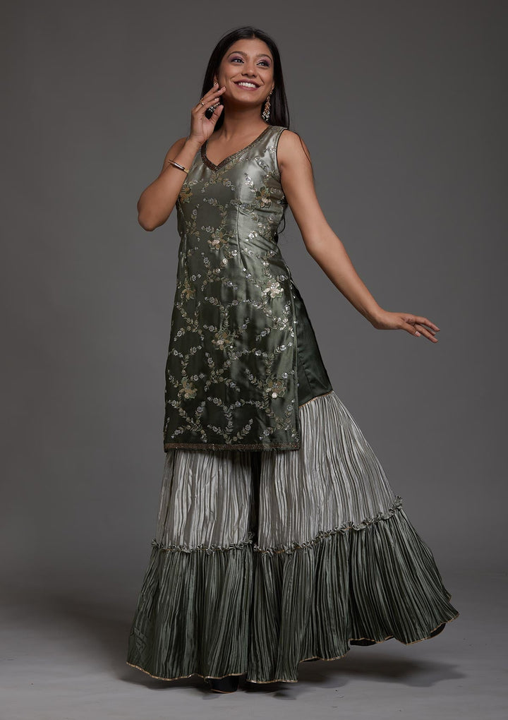 Mehendi Sequins Satin Designer Salwar Suit-Koskii