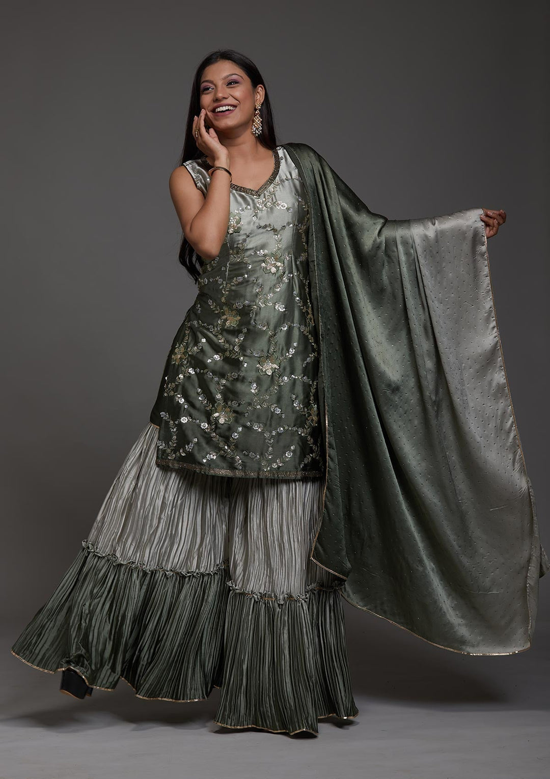 Mehendi Sequins Satin Designer Salwar Suit-Koskii