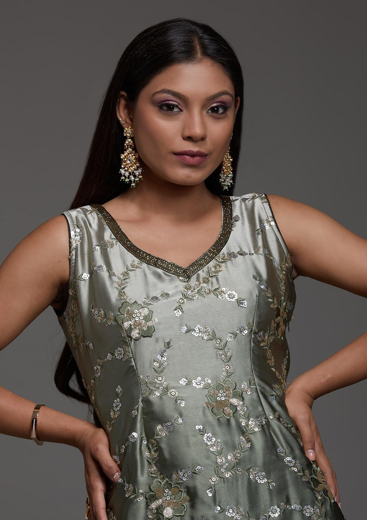 Mehendi Sequins Satin Designer Salwar Suit-Koskii