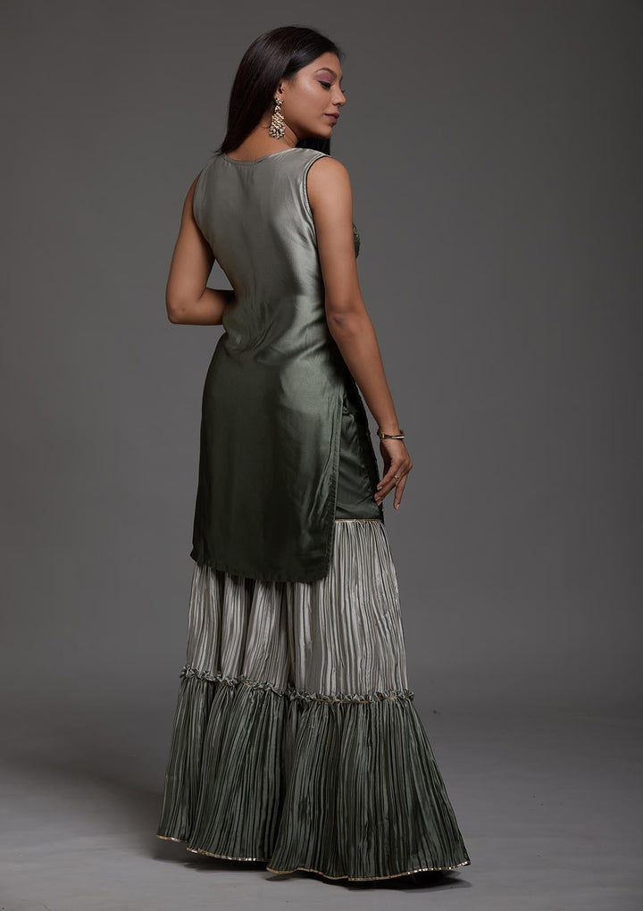 Mehendi Sequins Satin Designer Salwar Suit-Koskii