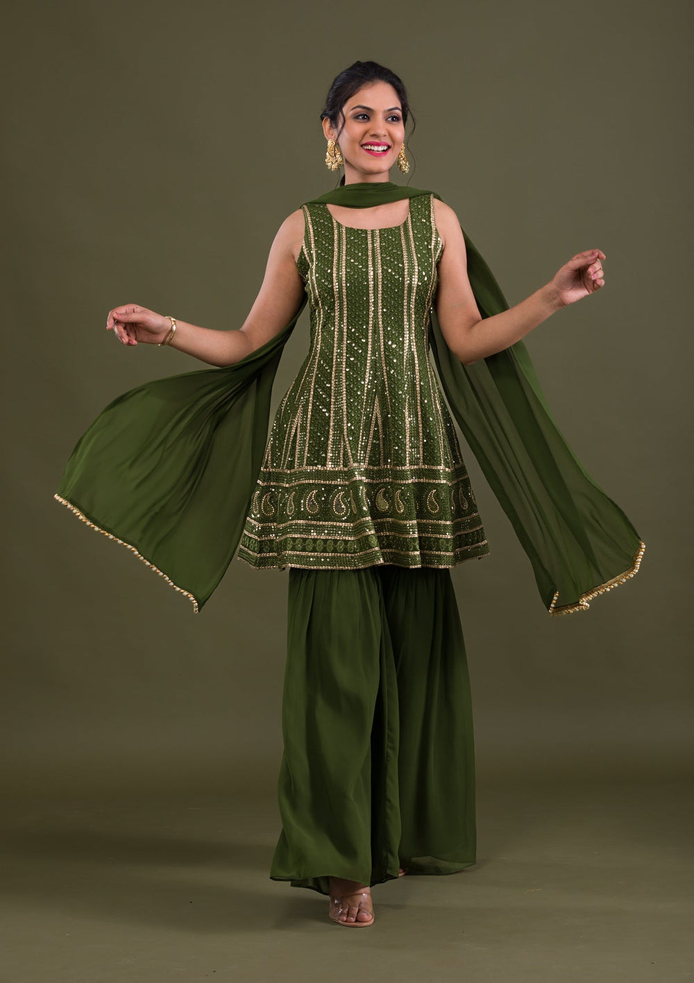Mehendi Sequins Georgette Readymade Salwar Suit-Koskii