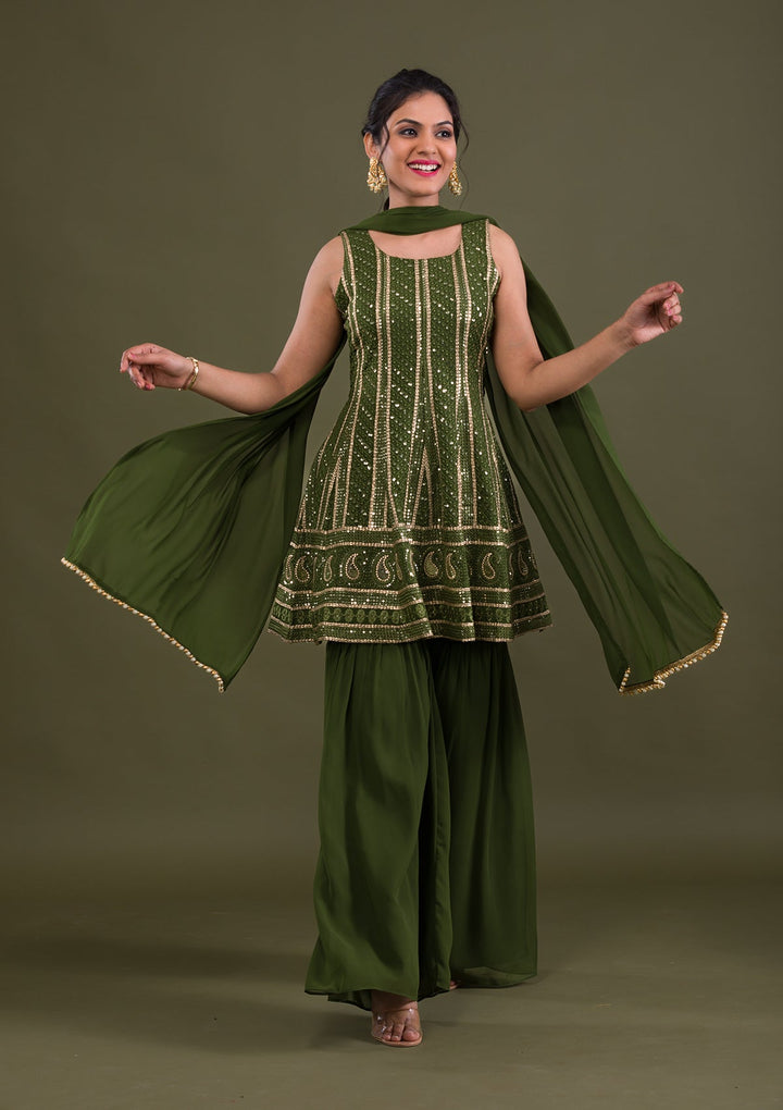 Mehendi Sequins Georgette Readymade Salwar Suit-Koskii