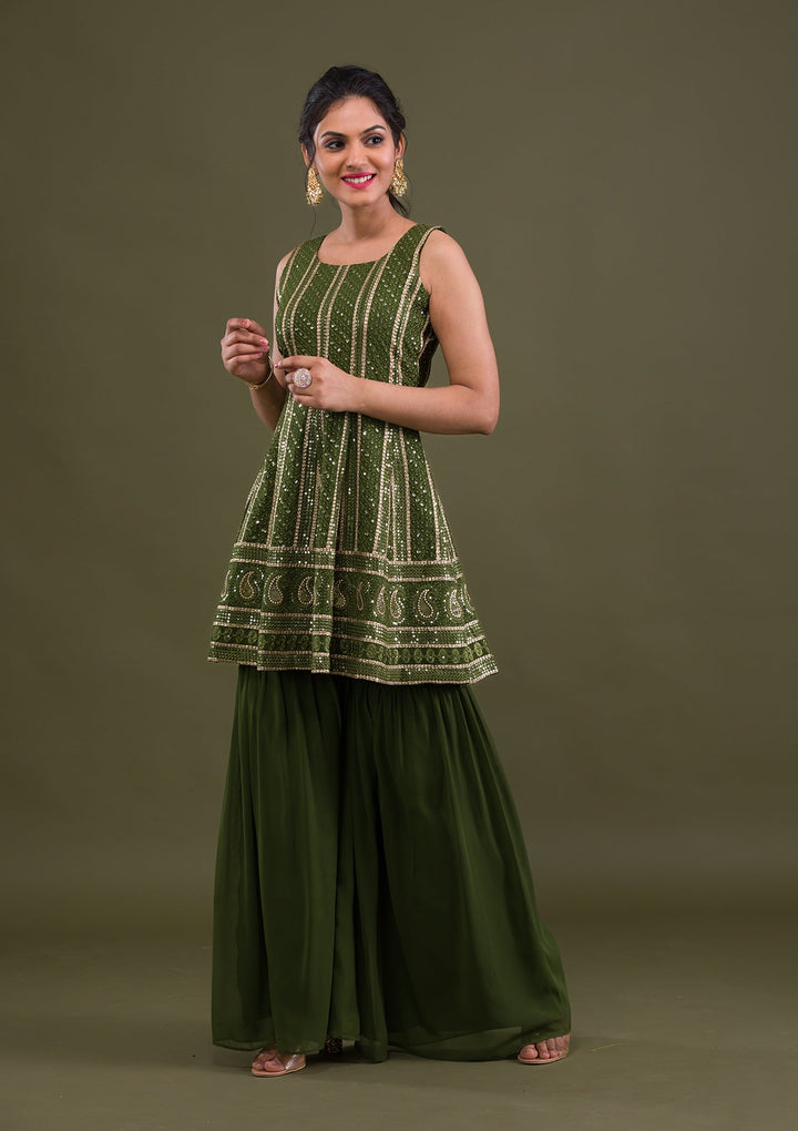 Mehendi Sequins Georgette Readymade Salwar Suit-Koskii