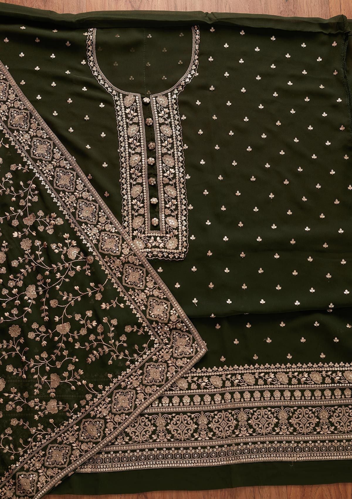 Mehendi Sequins Georgette Designer Unstitched Salwar Suit - koskii