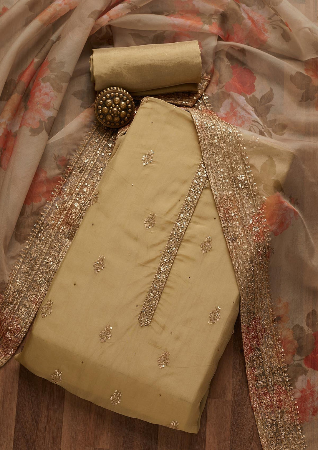 Mehendi Sequins Georgette Unstitched Salwar Suit- Koskii