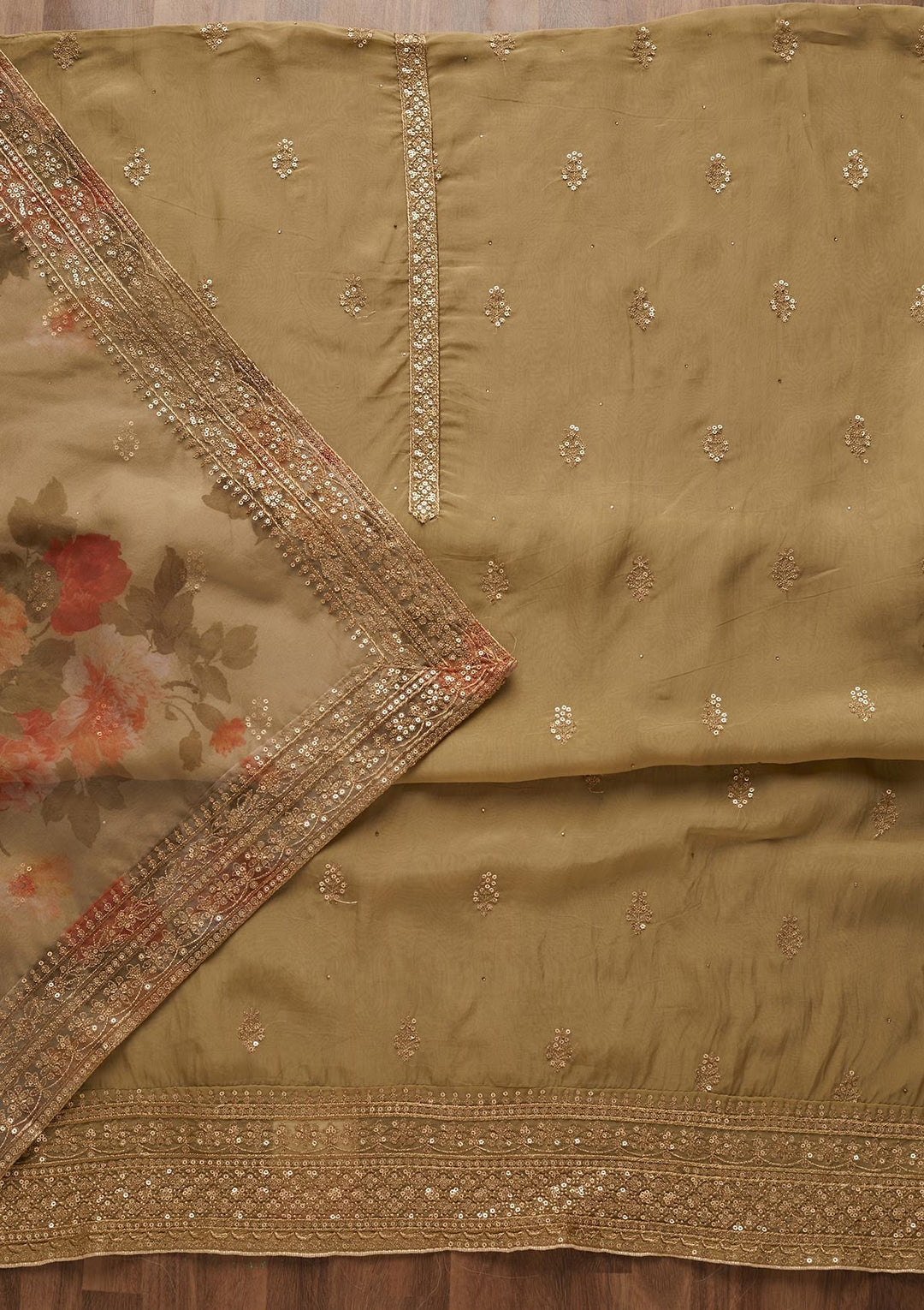 Mehendi Sequins Georgette Unstitched Salwar Suit - Koskii