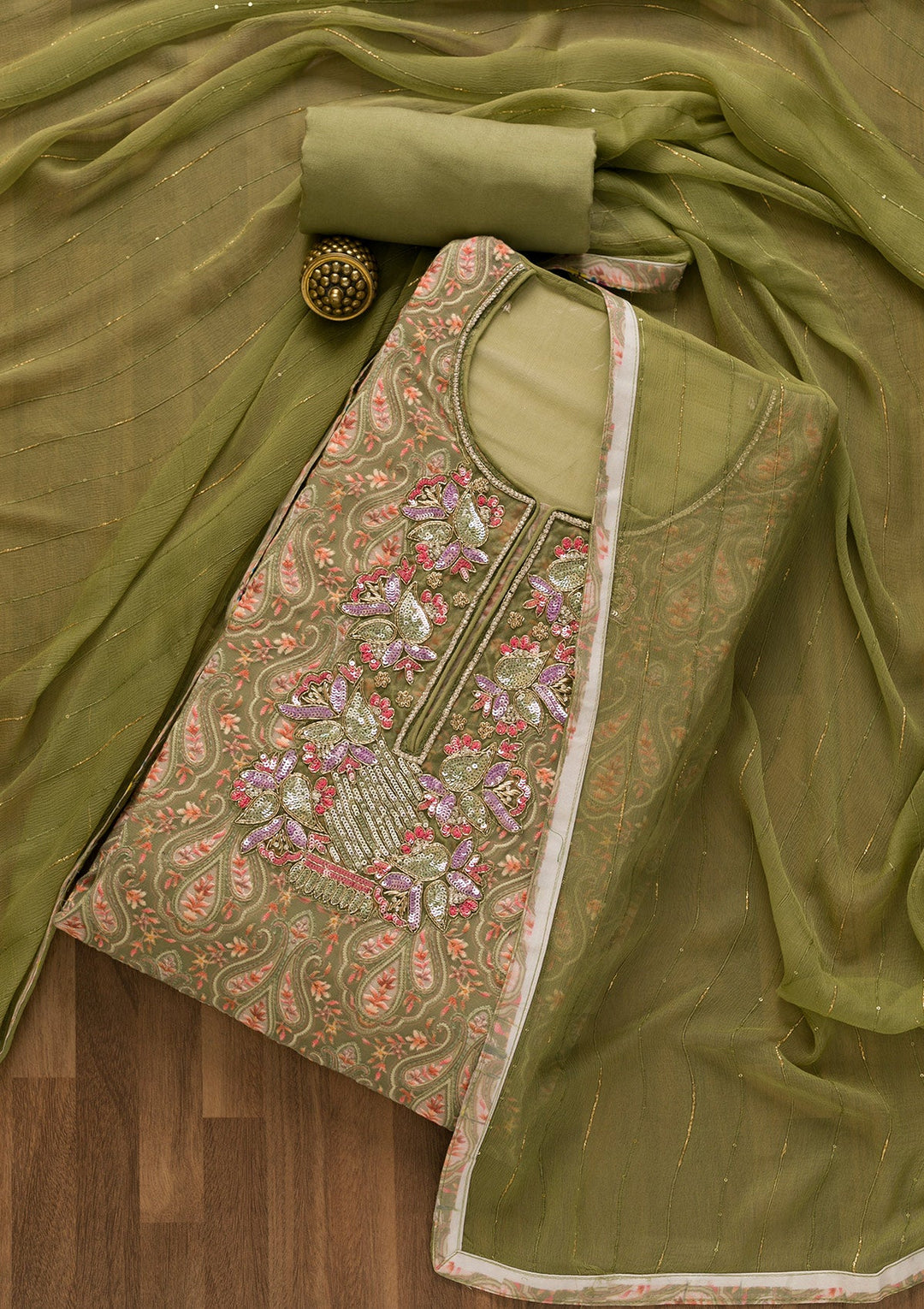 Mehendi Sequins Georgette Unstitched Salwar Kameez-Koskii