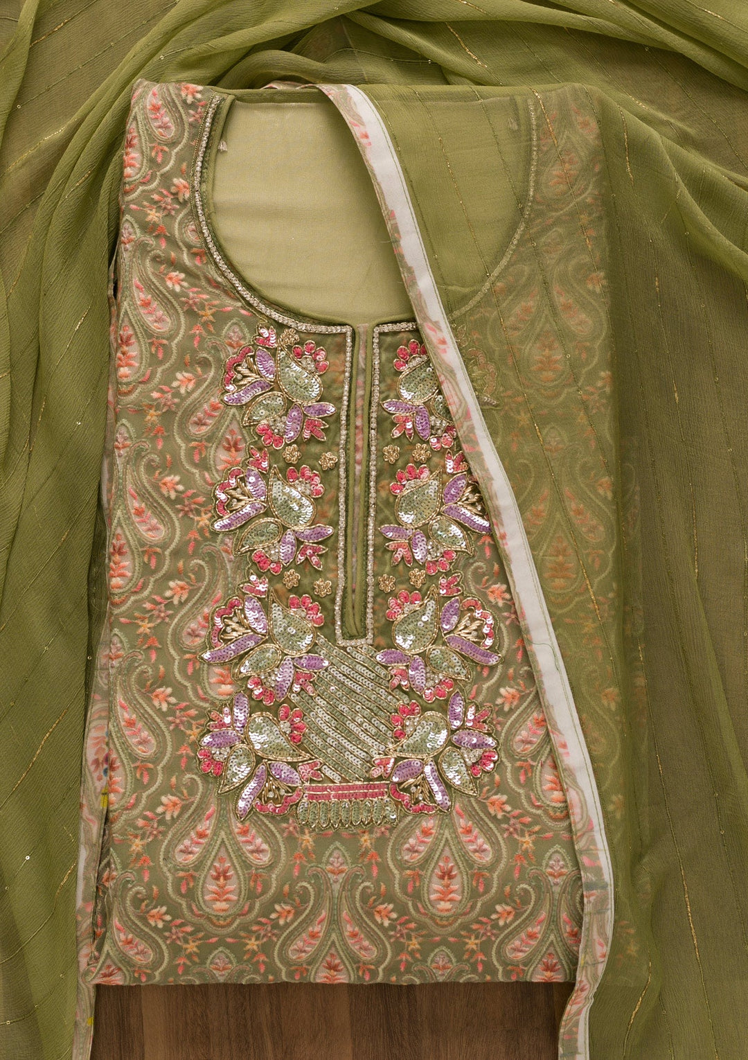 Mehendi Sequins Georgette Unstitched Salwar Kameez-Koskii