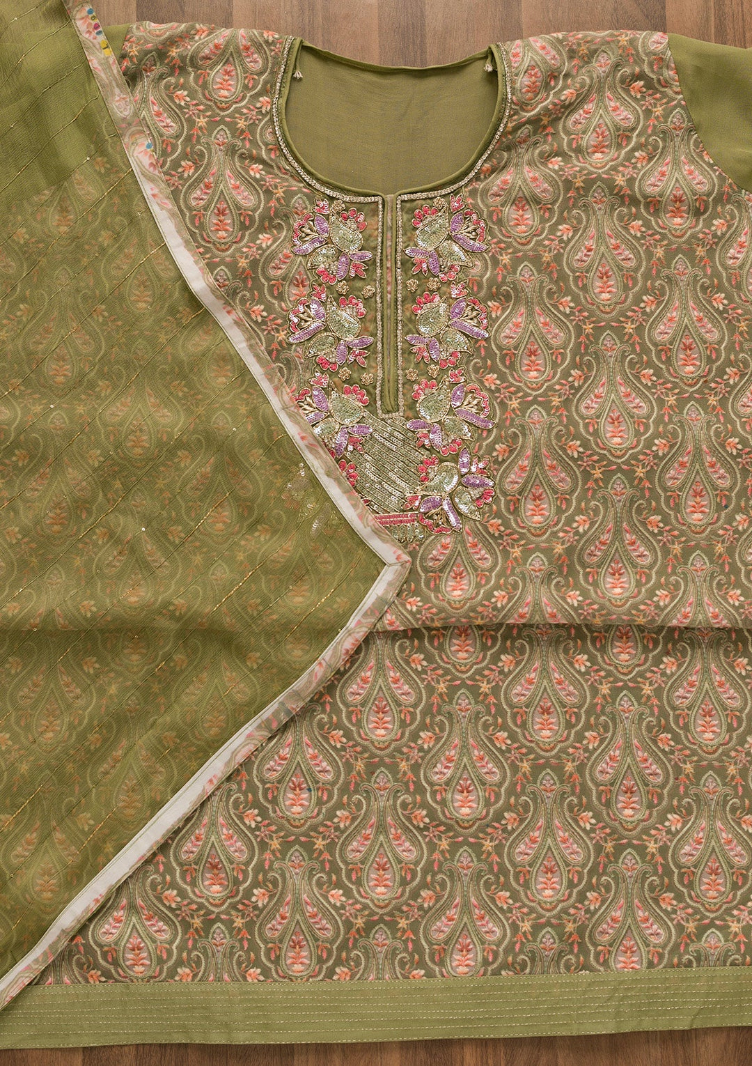 Mehendi Sequins Georgette Unstitched Salwar Kameez-Koskii