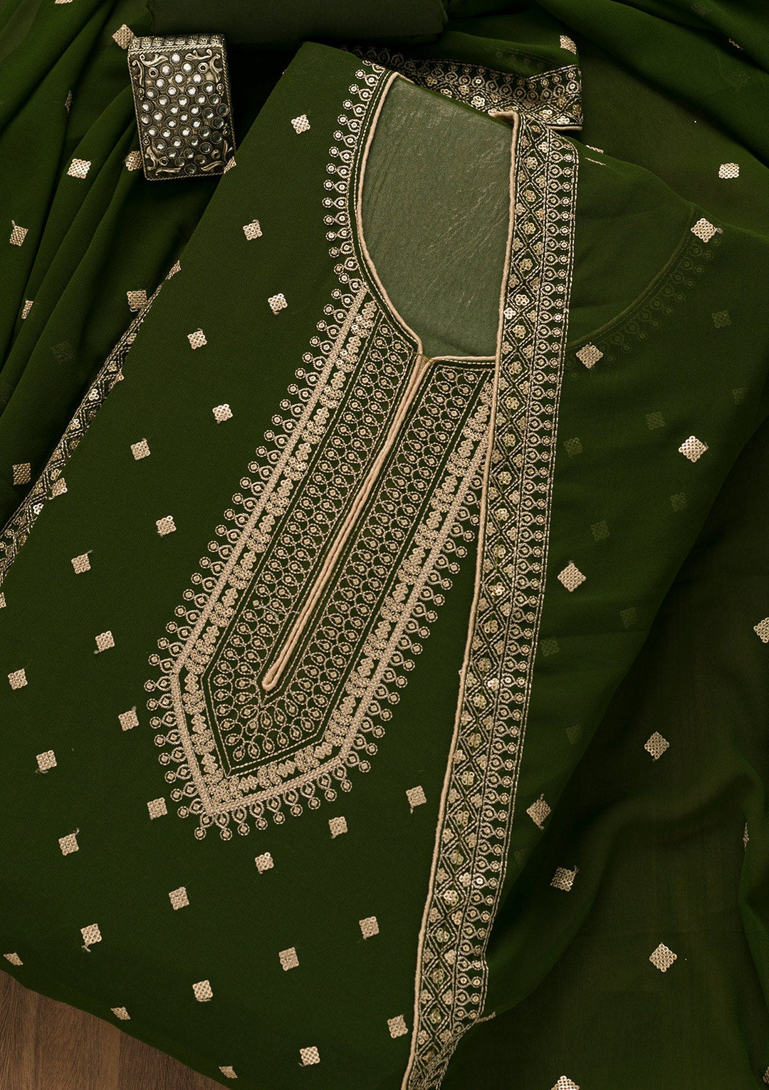 Mehendi Sequins Georgette Unstitched Salwar Suit-Koskii