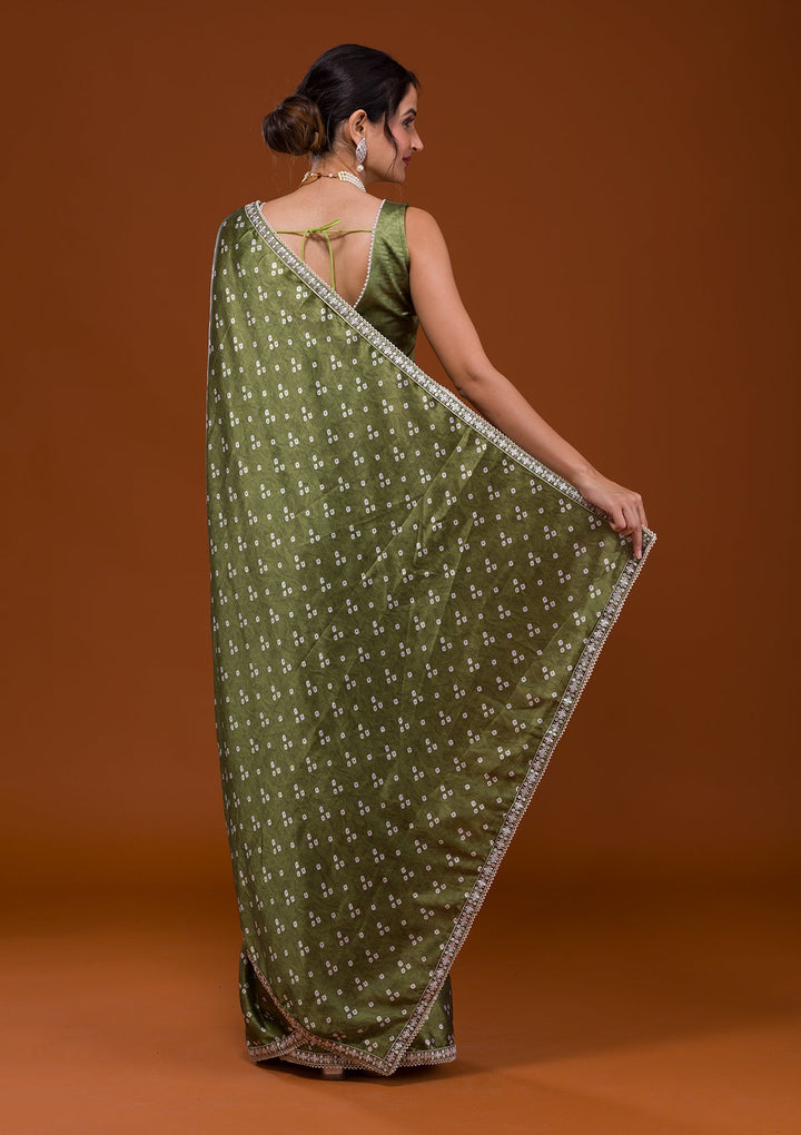 Mehendi Bandhani Satin Saree-Koskii