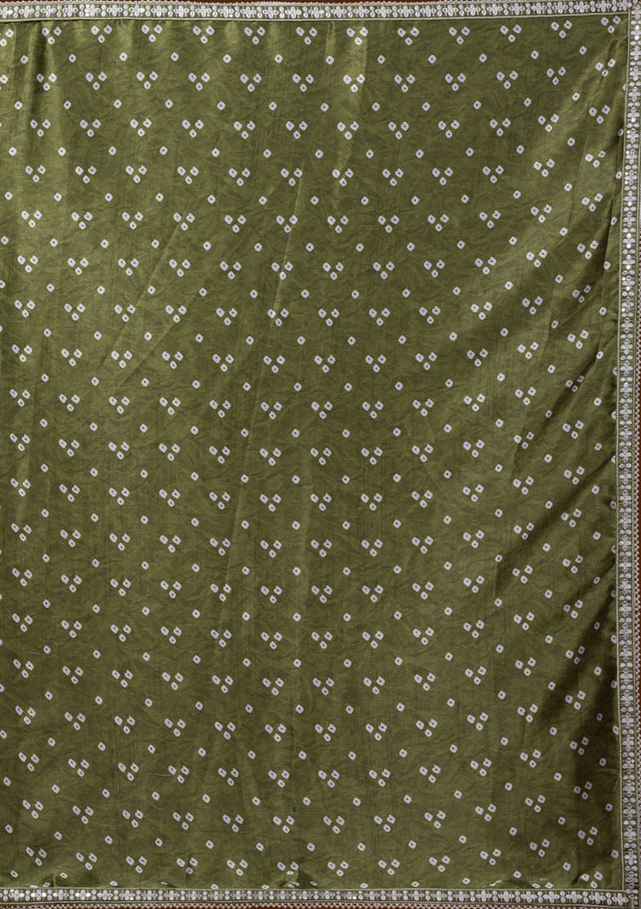 Mehendi Bandhani Satin Saree-Koskii
