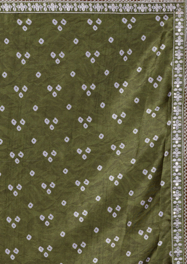 Mehendi Bandhani Satin Saree-Koskii