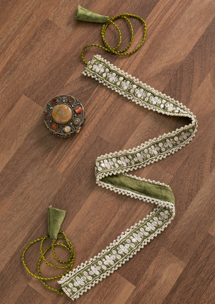 Mehendi Bandhani Satin Saree-Koskii