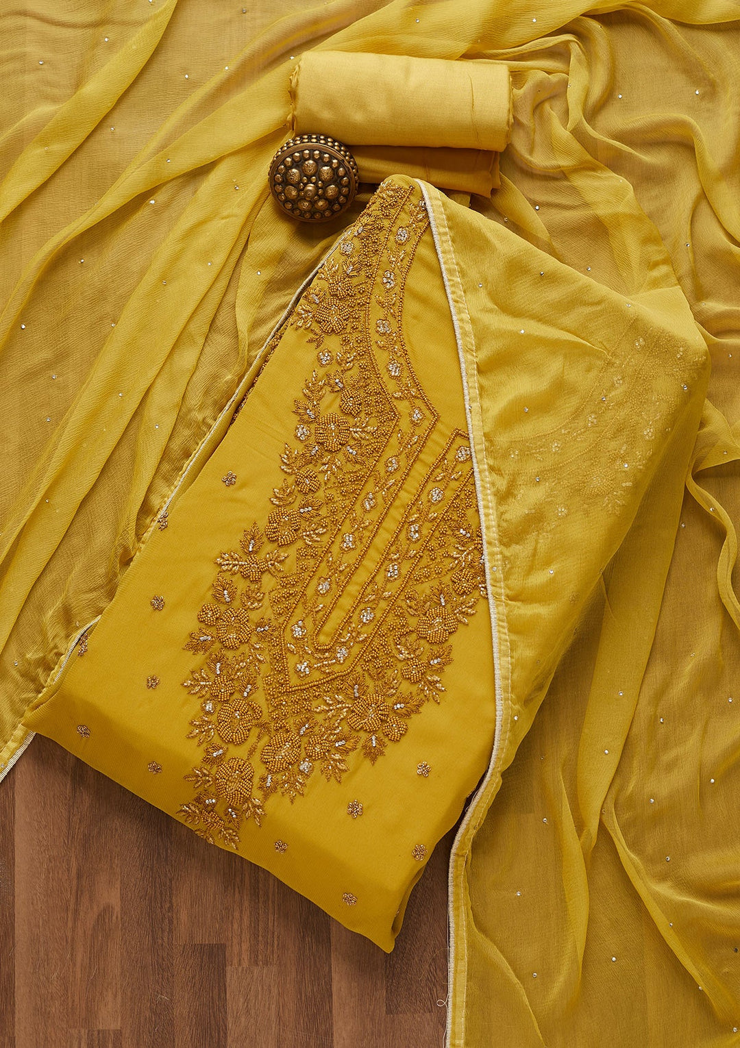 Mehendi Silver Stonework Georgette Unstitched Salwar Suit-Koskii