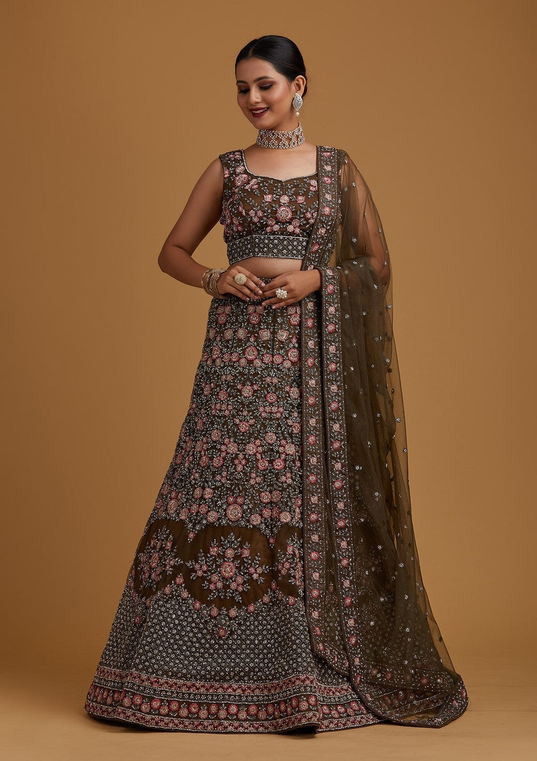 Mehendi Silver Stonework Net Designer Semi-Stitched Lehenga - koskii