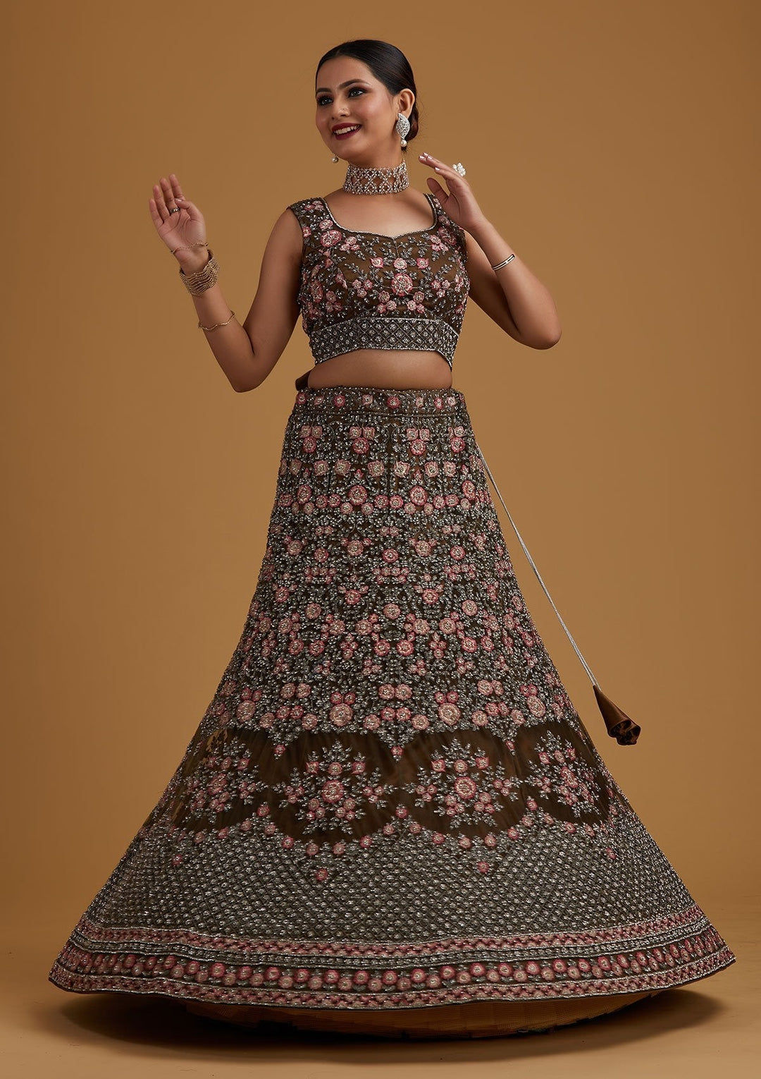 Mehendi Silver Stonework Net Designer Semi-Stitched Lehenga - koskii