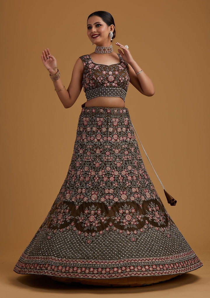 Mehendi Silver Stonework Net Designer Semi-Stitched Lehenga - koskii
