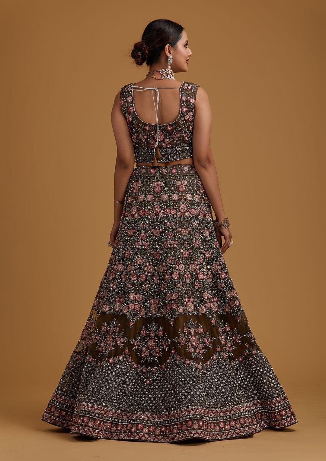 Mehendi Silver Stonework Net Designer Semi-Stitched Lehenga - koskii