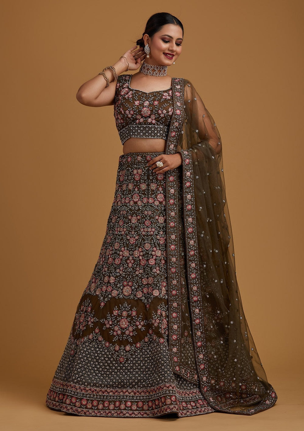 Mehendi Silver Stonework Net Designer Semi-Stitched Lehenga - koskii