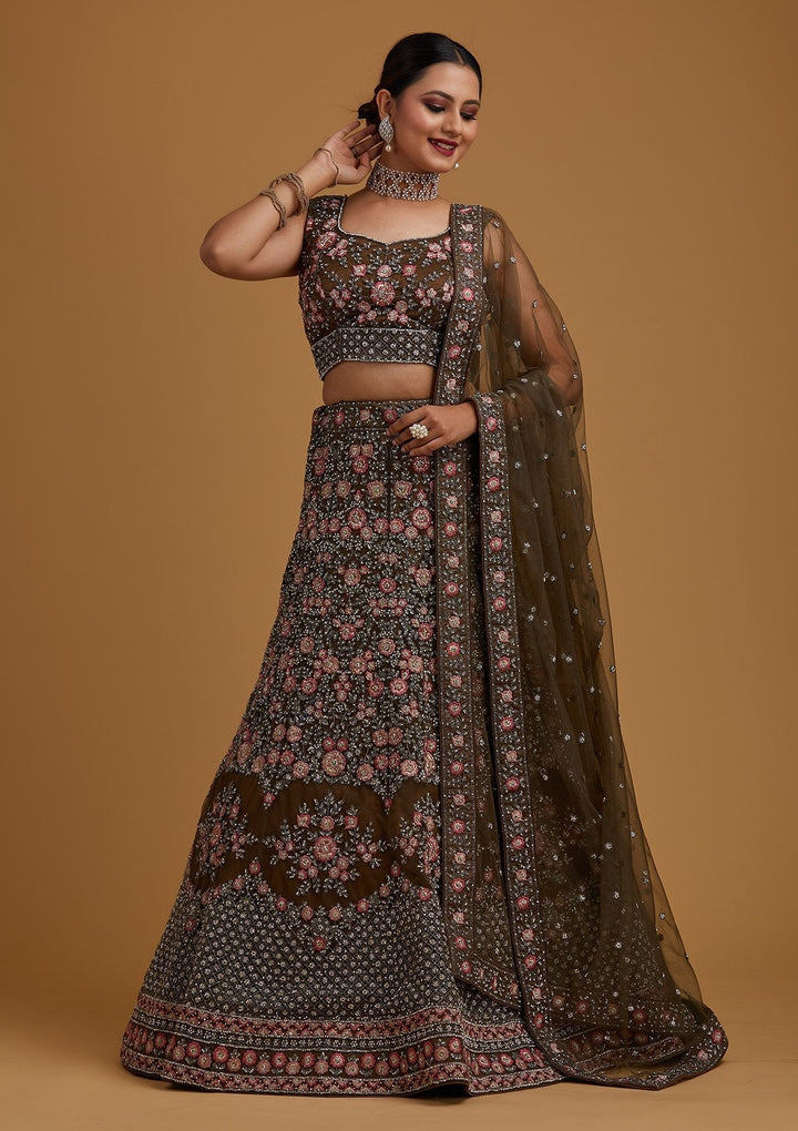 Mehendi Silver Stonework Net Designer Semi-Stitched Lehenga - koskii