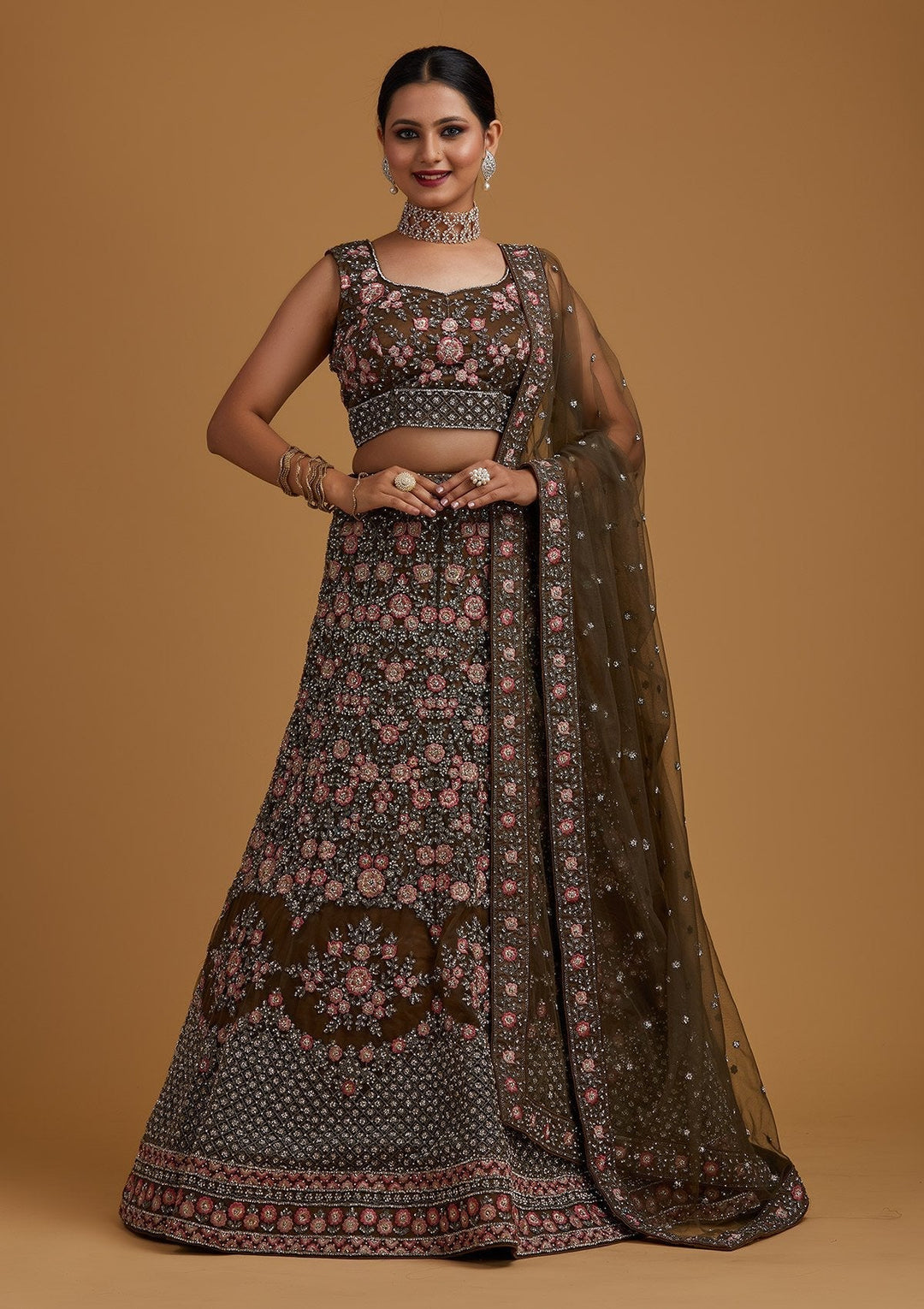 Mehendi Silver Stonework Net Designer Semi-Stitched Lehenga - koskii