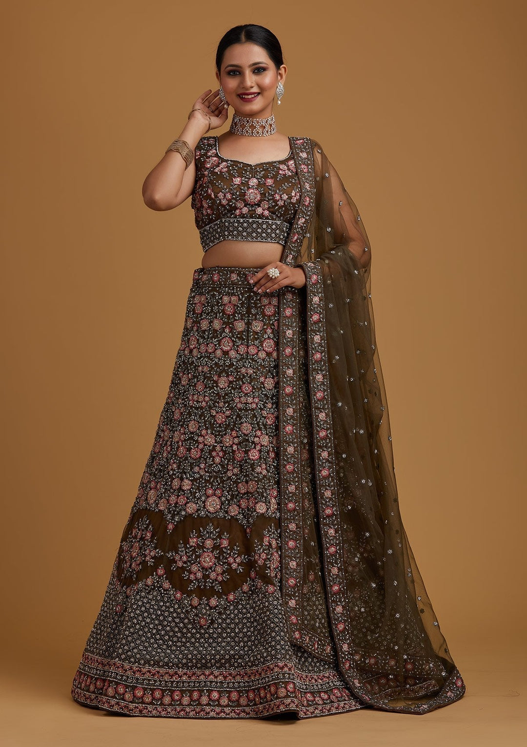 Mehendi Silver Stonework Net Designer Semi-Stitched Lehenga - koskii