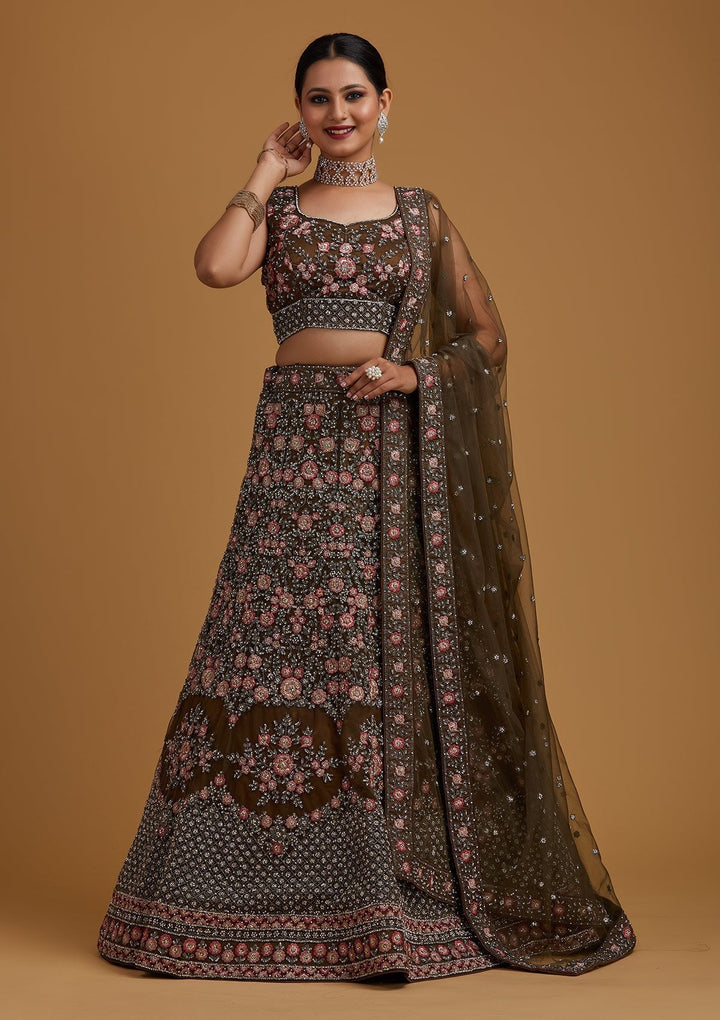 Mehendi Silver Stonework Net Designer Semi-Stitched Lehenga - koskii
