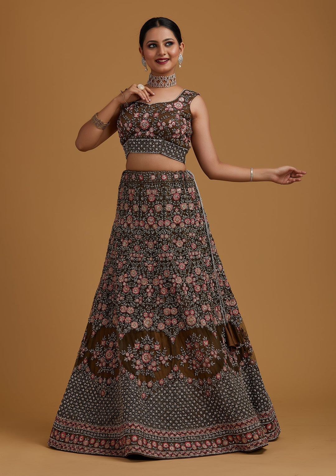 Mehendi Silver Stonework Net Designer Semi-Stitched Lehenga - koskii