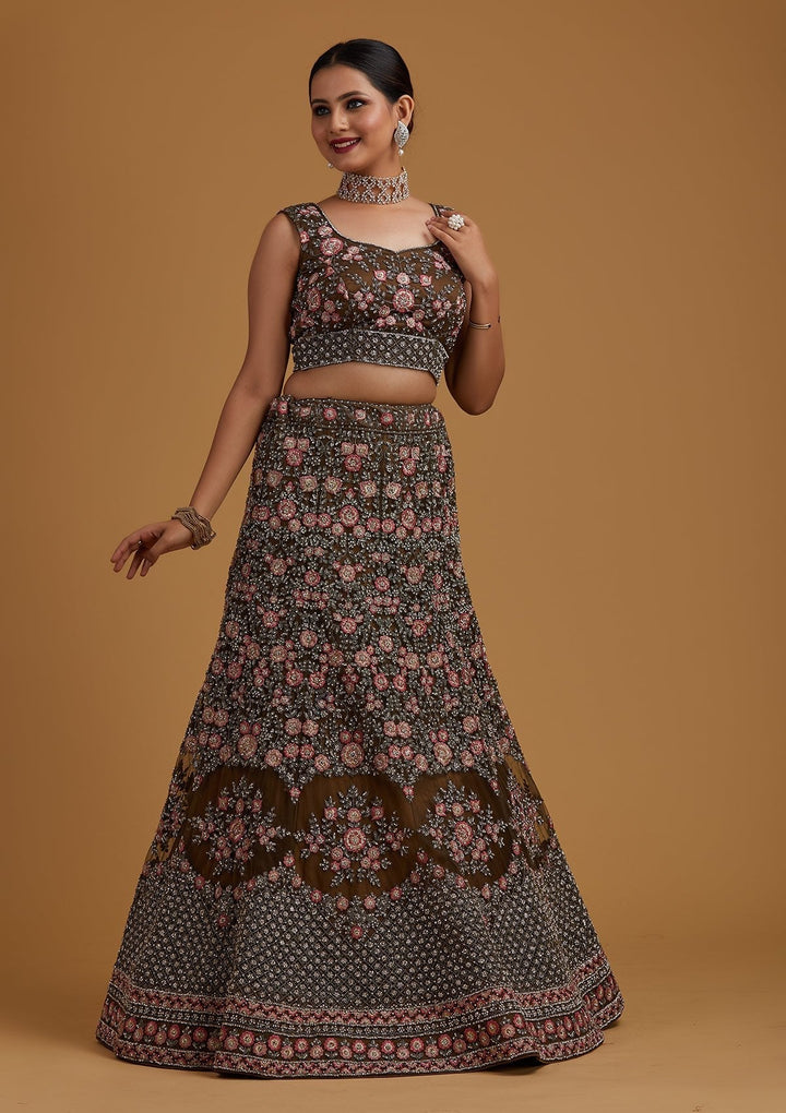 Mehendi Silver Stonework Net Designer Semi-Stitched Lehenga - koskii
