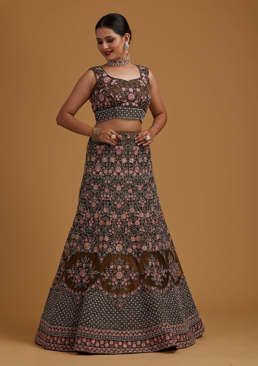 Mehendi Silver Stonework Net Designer Semi-Stitched Lehenga - koskii