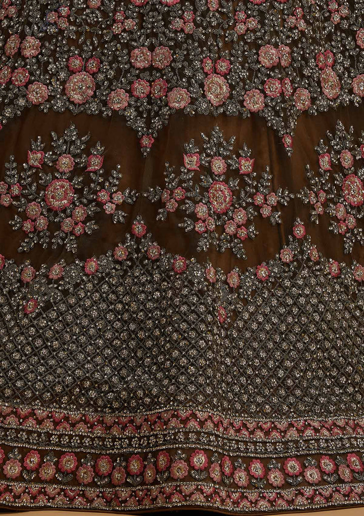 Mehendi Silver Stonework Net Designer Semi-Stitched Lehenga - koskii