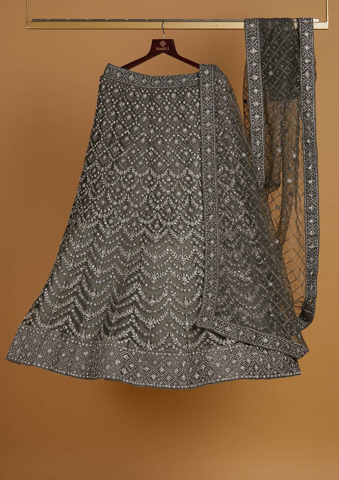 Mehendi Silver Stonework Net Designer Semi-Stitched Lehenga - Koskii