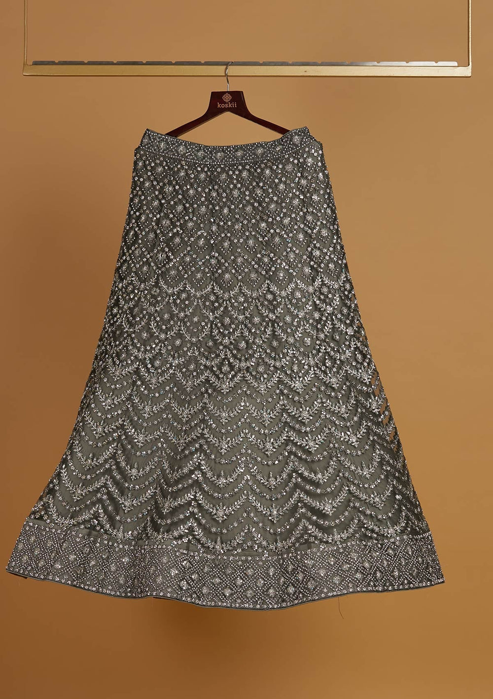 Mehendi Silver Stonework Net Designer Semi-Stitched Lehenga - Koskii