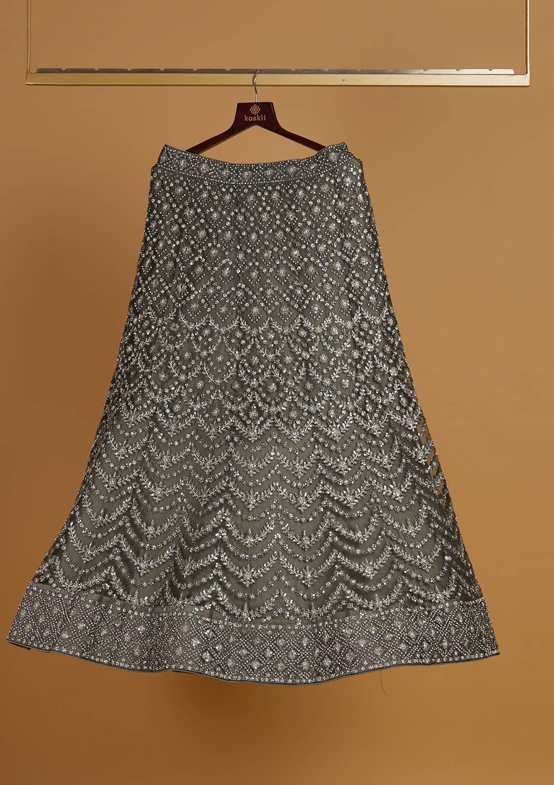Mehendi Silver Stonework Net Designer Semi-Stitched Lehenga - Koskii