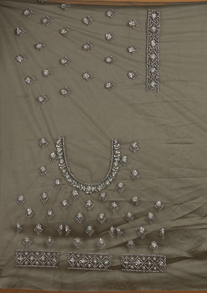 Mehendi Silver Stonework Net Designer Semi-Stitched Lehenga - Koskii