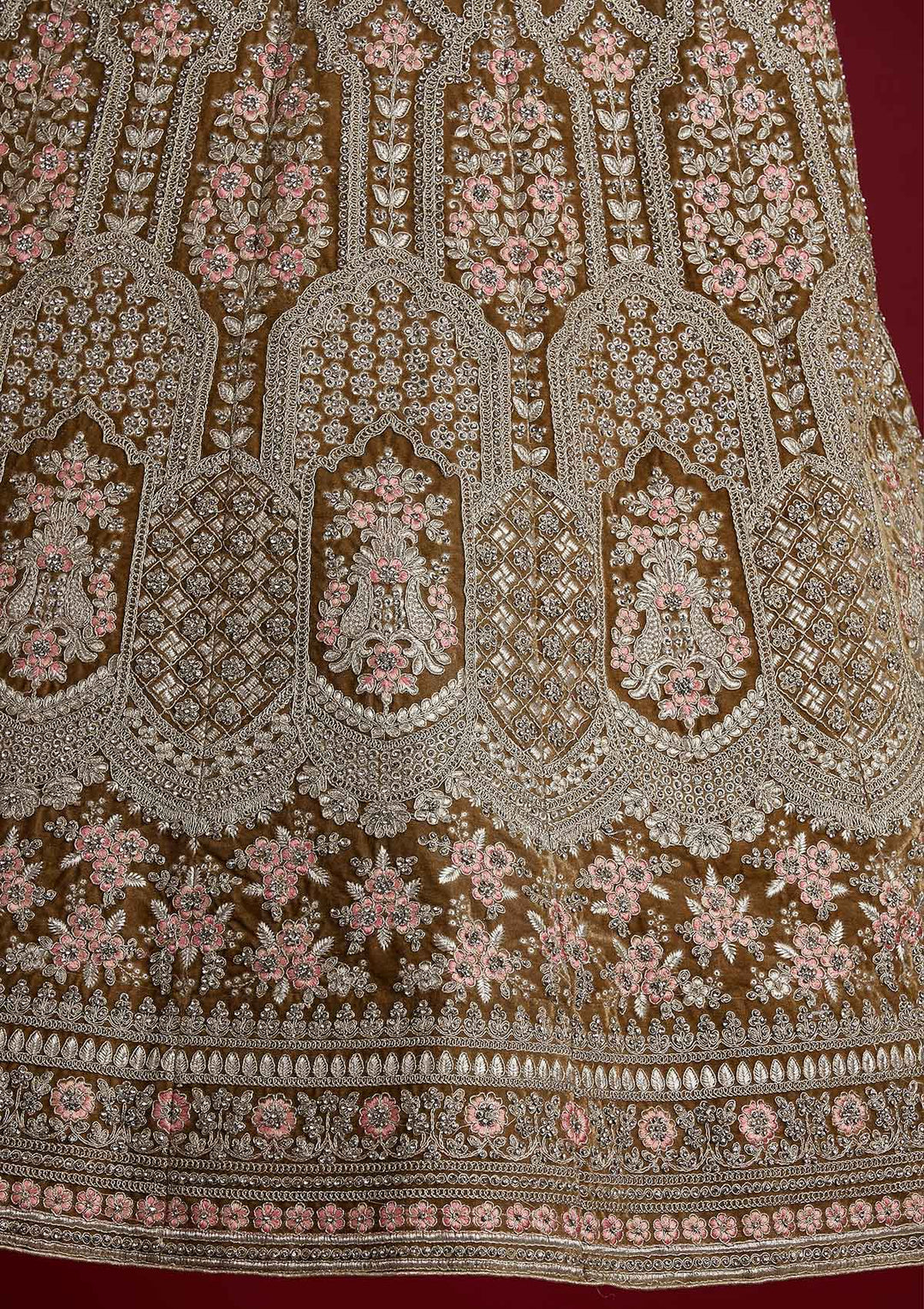 Mehendi Silver Stonework Velvet Designer Semi-Stitched Lehenga - koskii