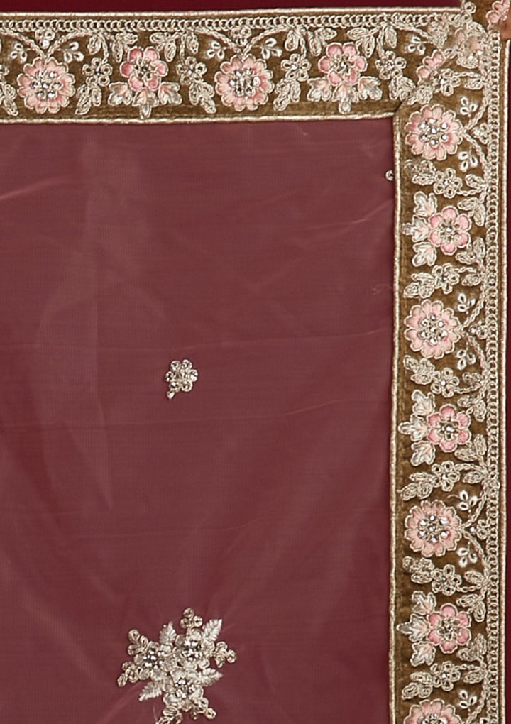 Mehendi Silver Stonework Velvet Designer Semi-Stitched Lehenga - koskii