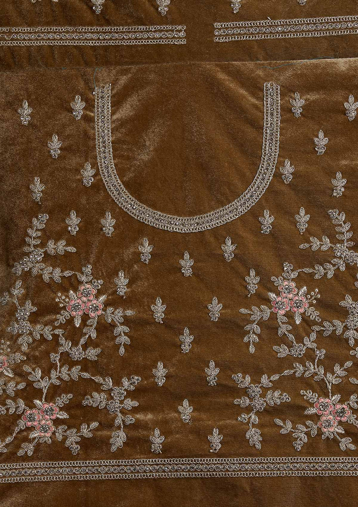 Mehendi Silver Stonework Velvet Designer Semi-Stitched Lehenga - koskii
