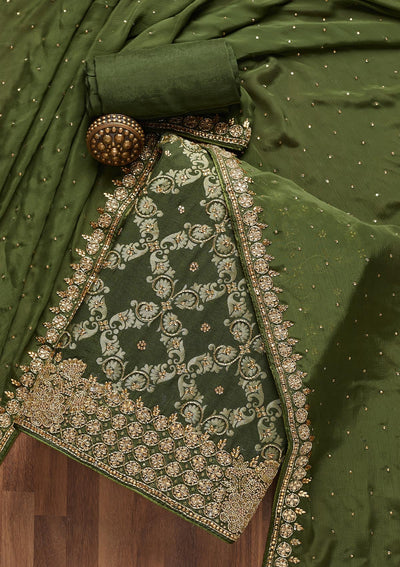 Mehendi Stonework Georgette Unstitched Salwar Suit- Koskii