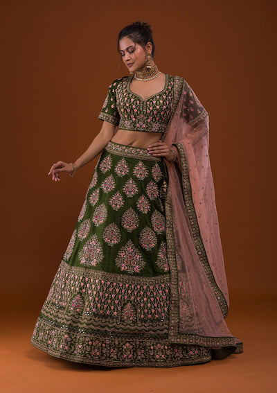 Mehendi Stonework Raw Silk Designer Lehenga-Koskii