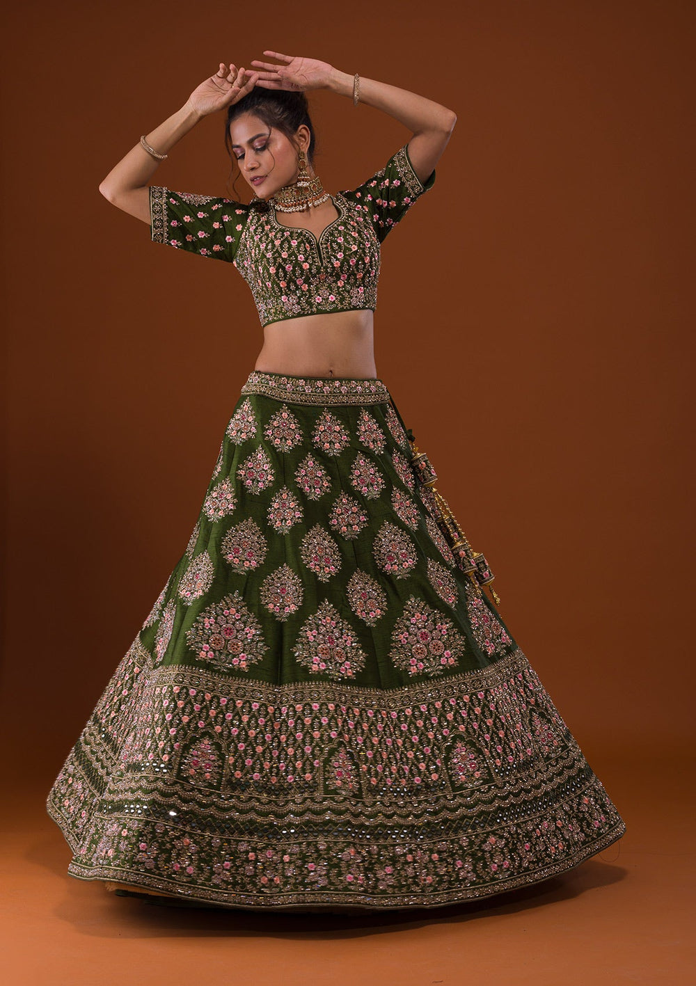 Mehendi Stonework Raw Silk Designer Lehenga-Koskii