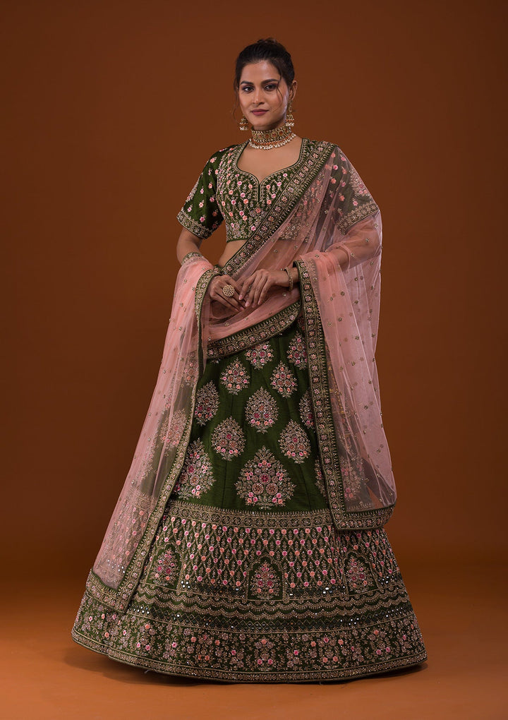 Mehendi Stonework Raw Silk Designer Lehenga-Koskii