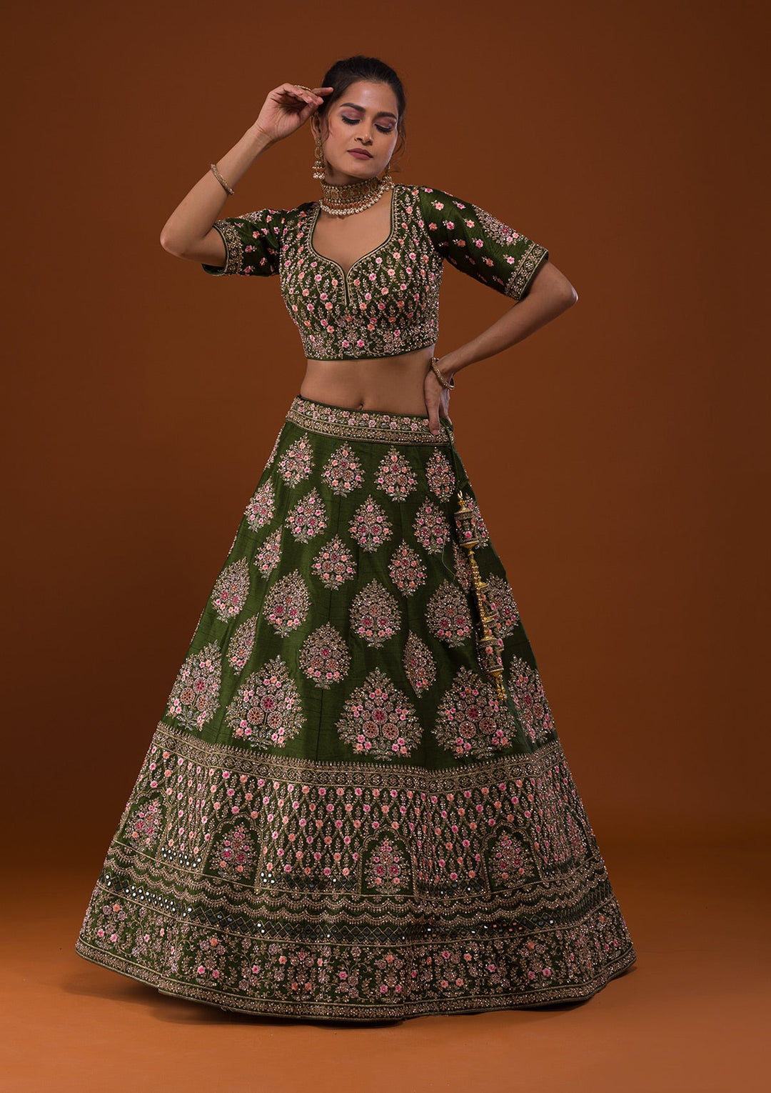 Mehendi Stonework Raw Silk Designer Lehenga-Koskii