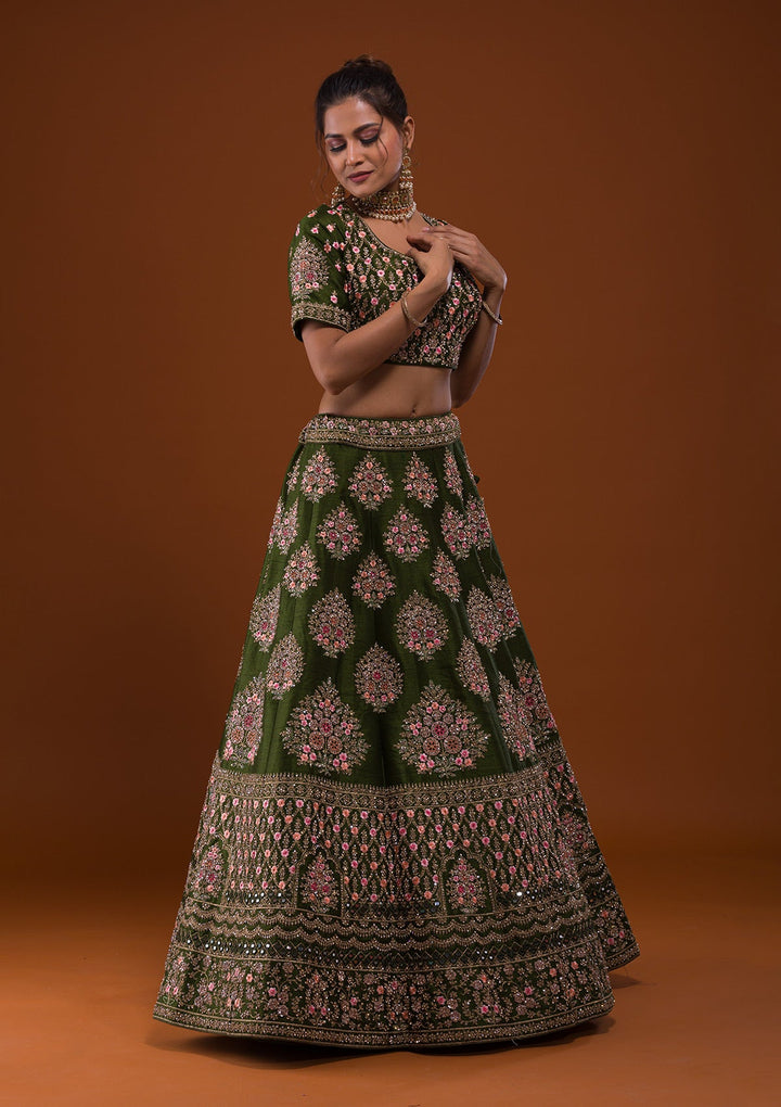 Mehendi Stonework Raw Silk Designer Lehenga-Koskii