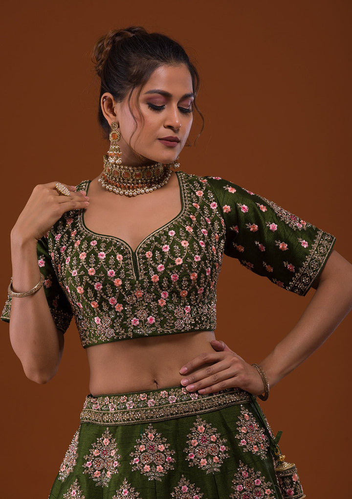 Mehendi Stonework Raw Silk Designer Lehenga-Koskii